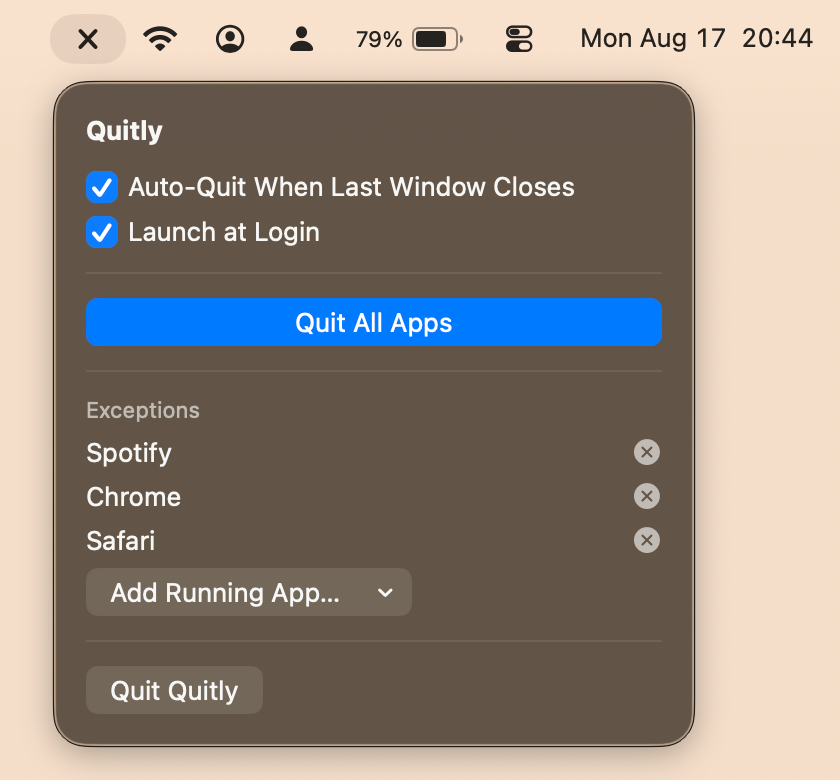The Quitly panel open below the macOS menu bar, showing Auto-Quit When Last Window Closes and Launch at Login both switched on, a Quit All Apps button, and an exceptions list containing Spotify, Chrome and Safari.